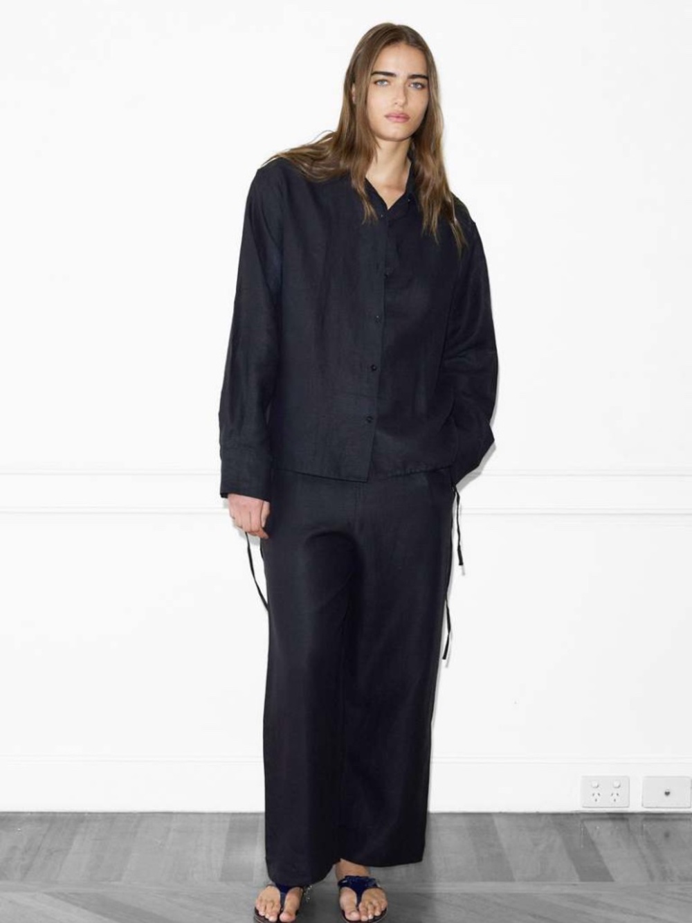 DEIJI STUDIOS The Tie Split Linen Pant Black Organic Summer Staple Size S/M
